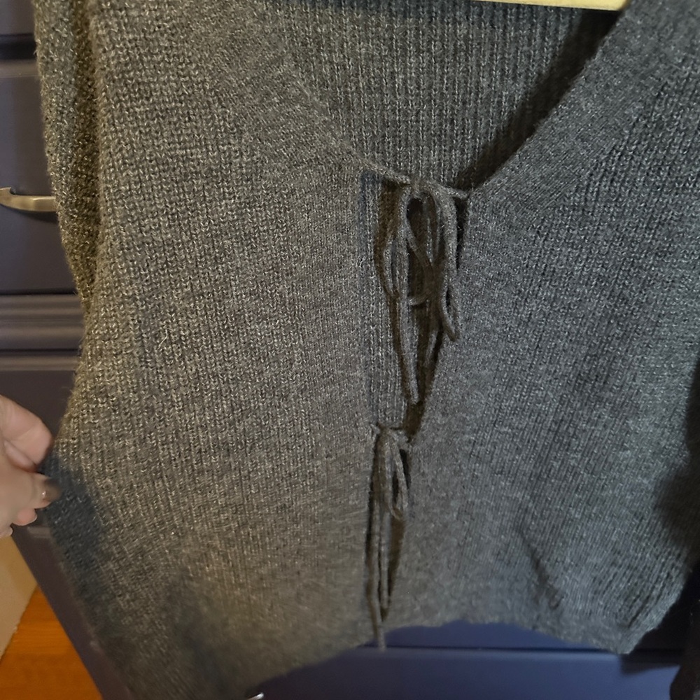 Charcoal V-Neck Sweater with Lace-Up Detail